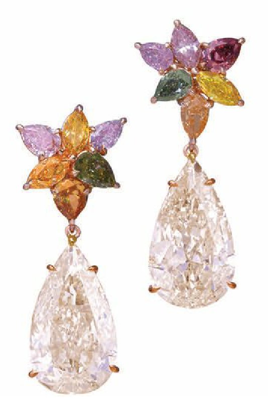 Two champagne rose-cut  diamonds, totaling nearly  10 carats, are teamed with  mixed-colored pear-shaped  diamonds in these stunning  Firework drop earrings  from Lugano Diamonds PHOTO COURTESY OF BRAND