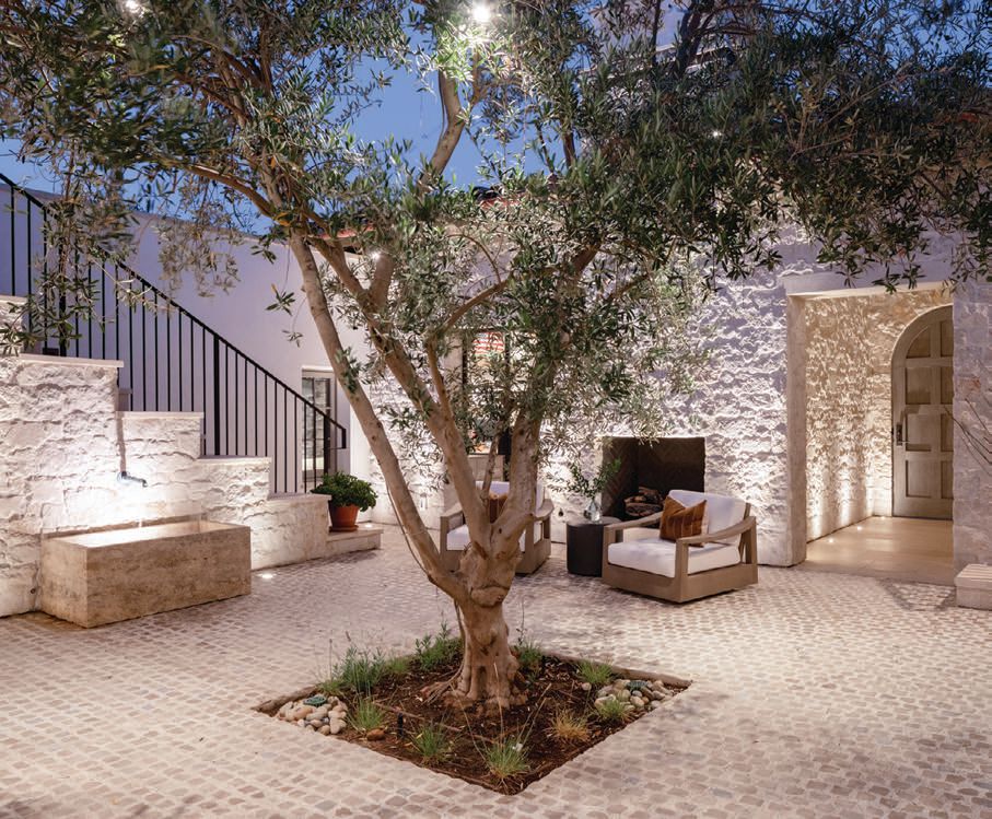 Antique cobblestones and an olive tree dazzle in the courtyard. PHOTOGRAPHED BY MOLLY ROSE PHOTO