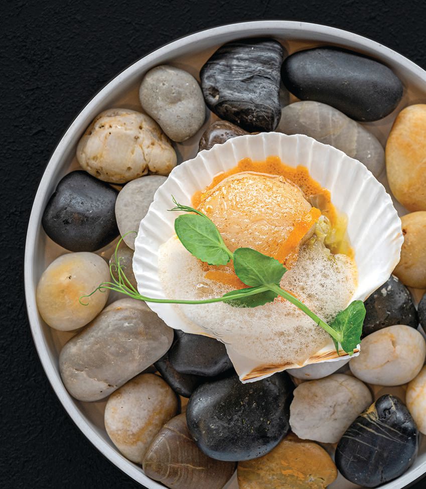 Barely seared Saint Jacques sea scallop in sauce américaine, finished with sea urchin, fennel leek compote and pickled confit kumquat jam PHOTO: BY RON DE ANGELIS