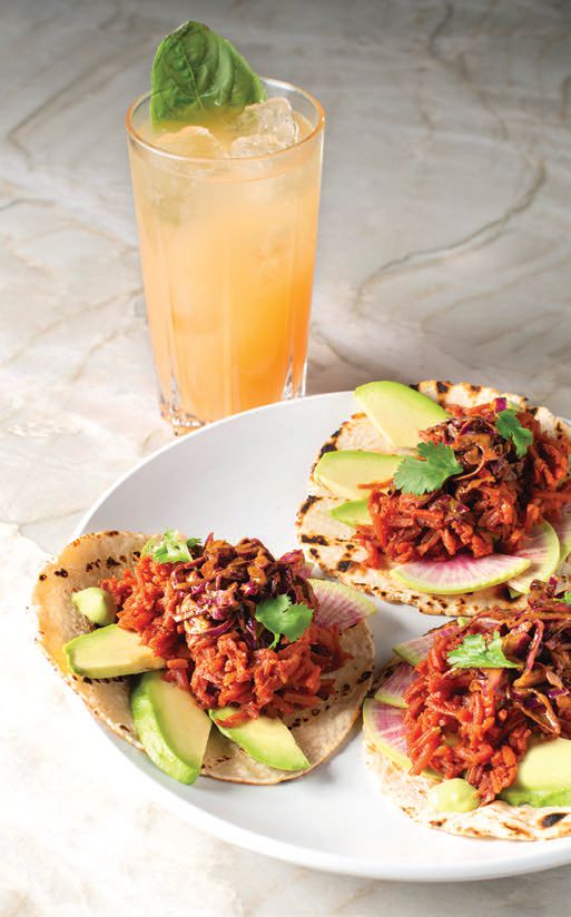 Scarlet Kitchen & Lounge’s pulled carrot tacos include herb slaw, avocado, watermelon radish and jalapeno PHOTO: COURTESY OF OUTSHINE PR