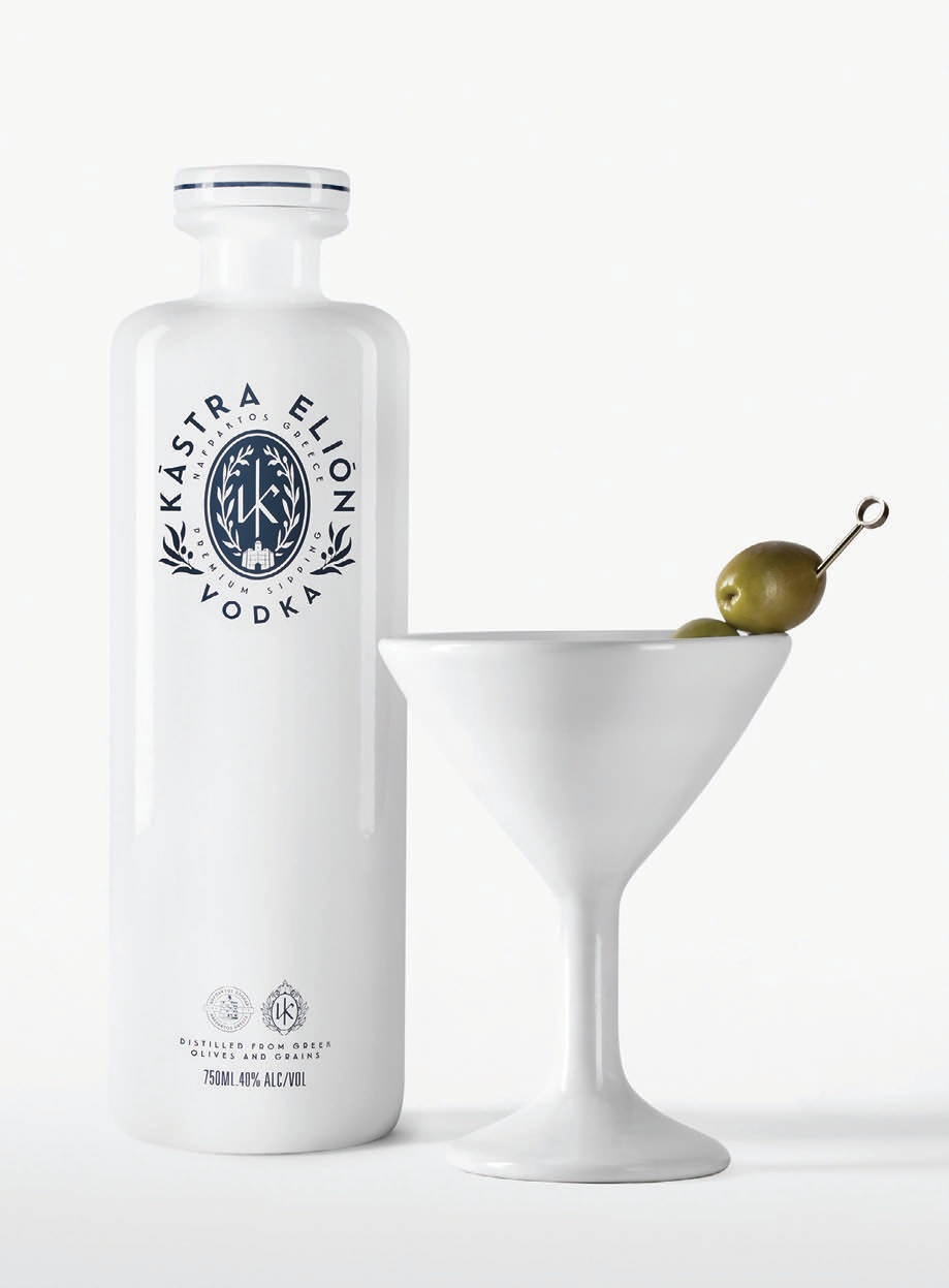Kástra Elión is a new family-owned vodka brand featuring olives from the Nafpaktos region of Greece PHOTO COURTESY OF BRANDS