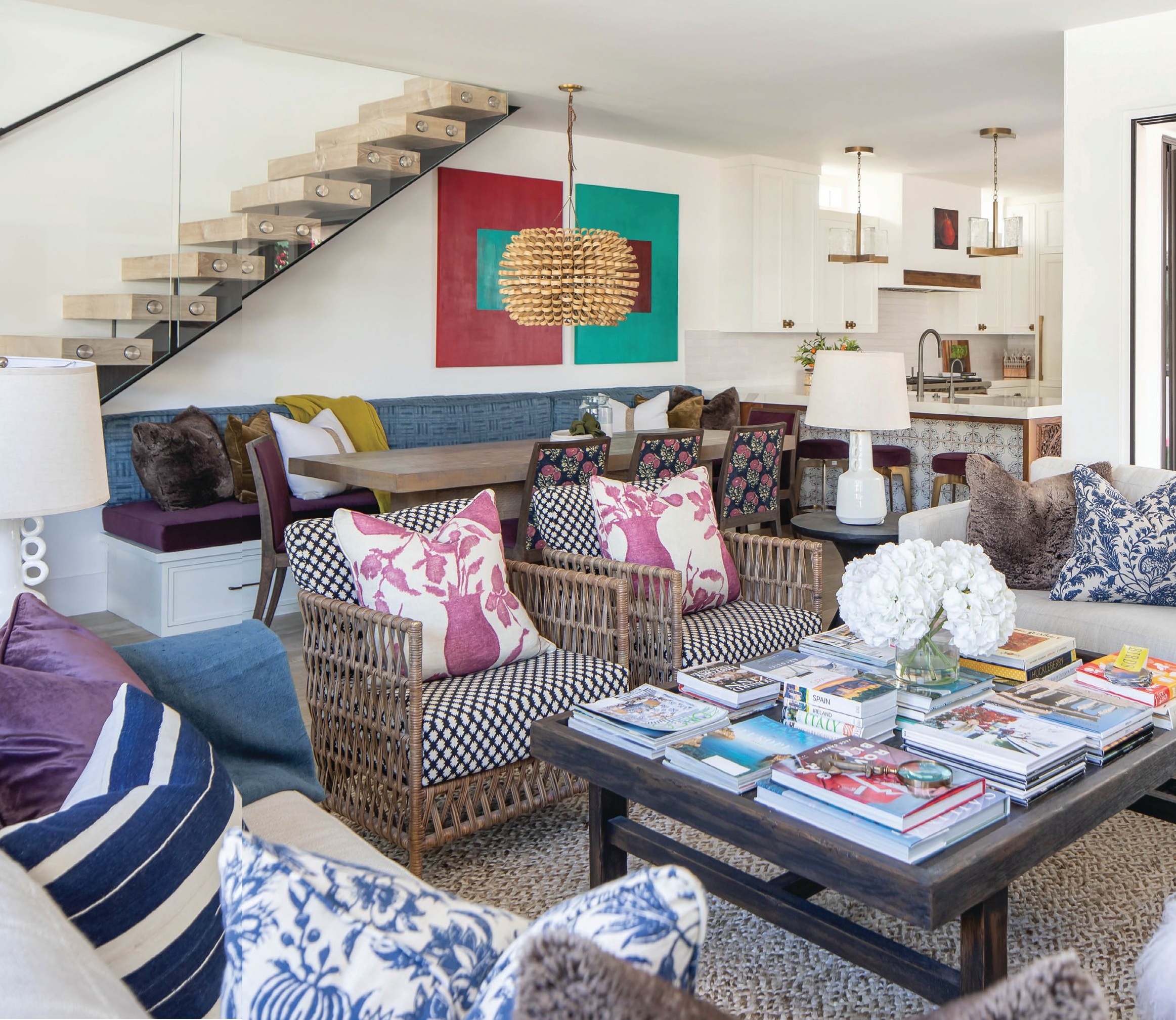 Wendy employed her flair for mixing fabrics in the open living and dining space. PHOTOGRAPHED BY RYAN GARVIN