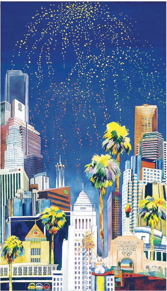 Gayle Garner Roski, “Celebration of the Year 2000 — Los Angeles City Hall” (watercolor). PHOTO: GAYLE GARNER ROSKI, “CELEBRATION OF THE YEAR 2000 – LOS ANGELES CITY HALL” (WATERCOLOR) © GAYLE GARNER ROSKI ESTATE. ALL RIGHTS RESERVED.