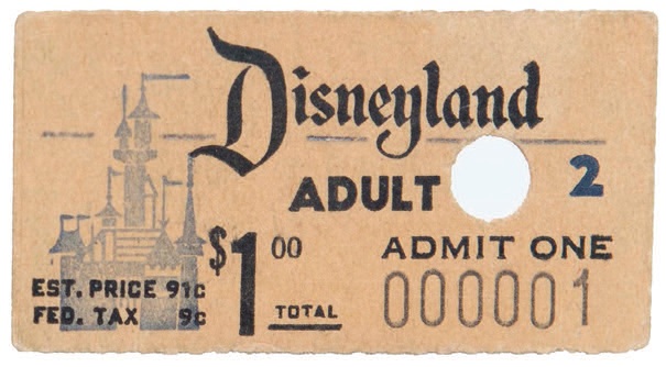 Opening day ticket, Disneyland (1955), purchased by Roy O. Disney OPENING DAY TICKET, DISNEYLAND (1955), PURCHASED BY ROY O. DISNEY