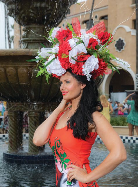 Women pose in inventive hats for the Opening Day Hats Contest PHOTO COURTESY OF DEL MAR THOROUGHBRED CLUB 